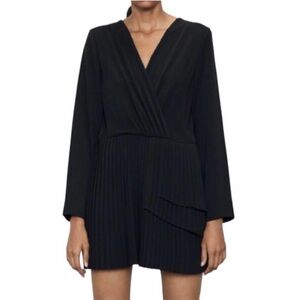 Zara Romper Jumpsuit Mini Dress Pleated Front Long Sleeve Black Size Small